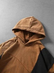 ROMWE MEN Men's Washed Distressed Fabric Colorblock Patchwork Loose Fit Hoodie - Brown - View 3