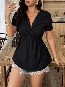 Weeklong Black Plus Size Short Sleeve Knit Tee - Hollow-Out Embroidery Lace Paneled & Twist Detail, Fashionable Elegant For Casual Wear (Spring & Summer) Chic - Black - View 3