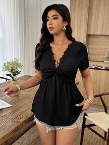 Weeklong Black Plus Size Short Sleeve Knit Tee - Hollow-Out Embroidery Lace Paneled & Twist Detail, Fashionable Elegant For Casual Wear (Spring & Summer) Chic - Black - View 4