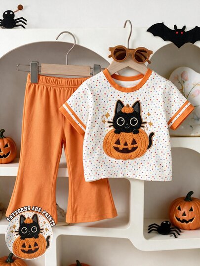2pcs Set Baju Bayi Perempuan Kasual Modis Sederhana Manis Lucu Warna-warni Motif Polkadot Halloween Kartun Kucing dan , Kaos Lengan Pendek Leher Bulat dan Celana Panjang Model Mengembang