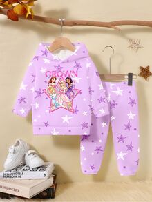 (1 Set) Autumn/Winter Girls Toddler Fashion Casual White & Purple Five-Point Star Cartoon Princess Letter Pattern Basic Hoodie Sweatshirt & Sweatpants - Multicolor - View 6