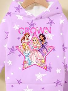 (1 Set) Autumn/Winter Girls Toddler Fashion Casual White & Purple Five-Point Star Cartoon Princess Letter Pattern Basic Hoodie Sweatshirt & Sweatpants - Multicolor - View 4