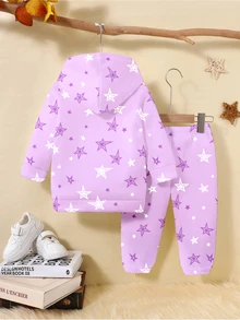 (1 Set) Autumn/Winter Girls Toddler Fashion Casual White & Purple Five-Point Star Cartoon Princess Letter Pattern Basic Hoodie Sweatshirt & Sweatpants - Multicolor - View 2