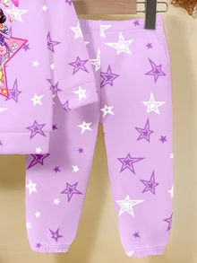 (1 Set) Autumn/Winter Girls Toddler Fashion Casual White & Purple Five-Point Star Cartoon Princess Letter Pattern Basic Hoodie Sweatshirt & Sweatpants - Multicolor - View 5