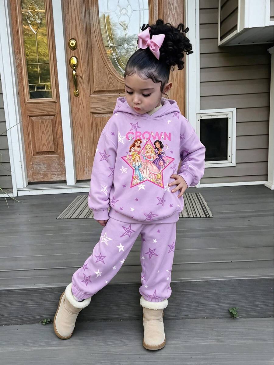 (1 Set) Autumn/Winter Girls Toddler Fashion Casual White & Purple Five-Point Star Cartoon Princess Letter Pattern Basic Hoodie Sweatshirt & Sweatpants - Multicolor - View 1