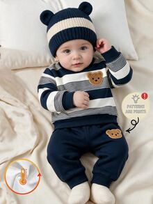 2pcs Newborn Baby Sets Cute Navy Blue White Striped Bear Print Long Sleeve Loose Button Shoulder Coming Milestones Fall Autumn Winter - Multicolor - View 1