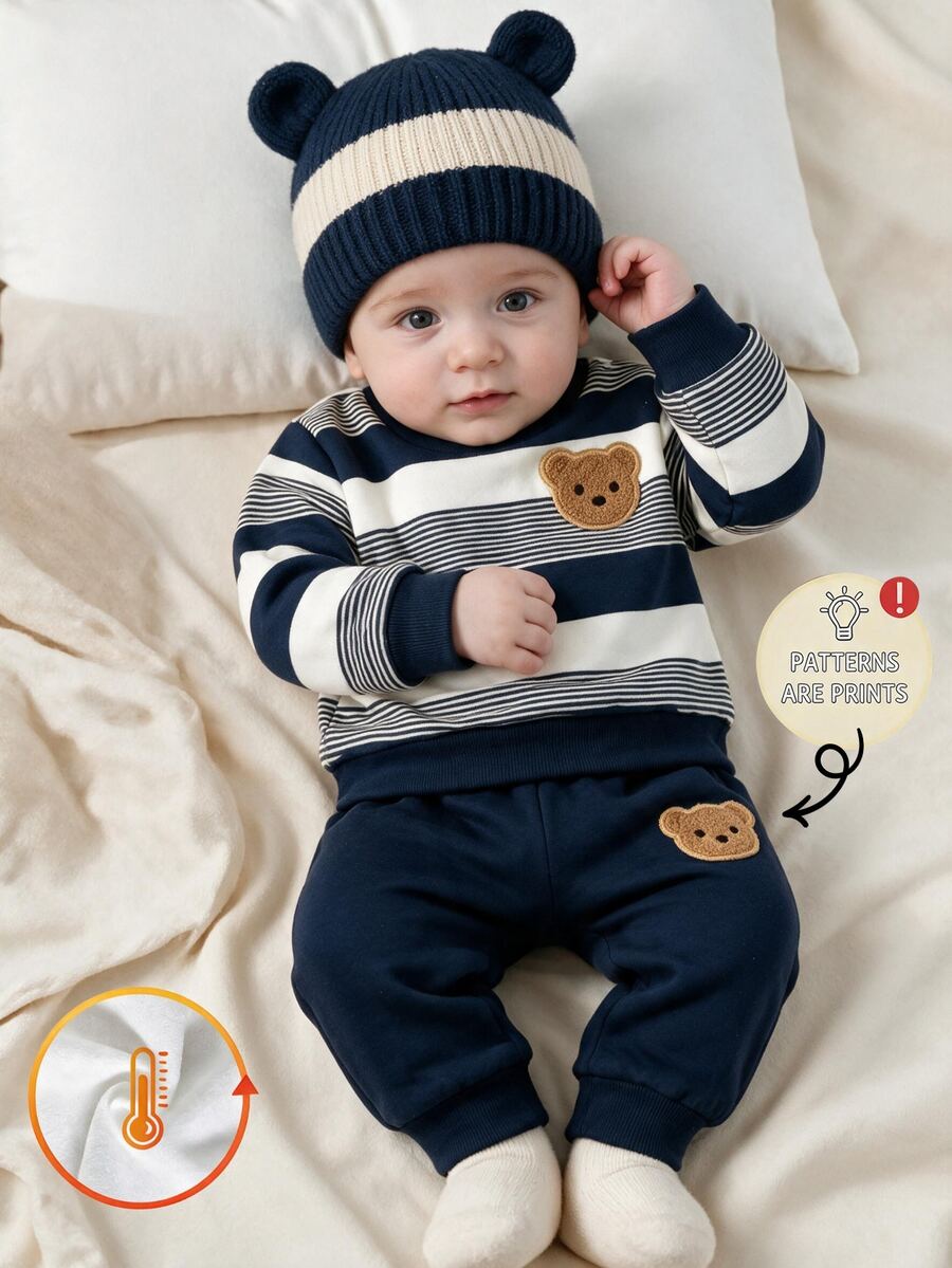 2pcs Newborn Baby Sets Cute Navy Blue White Striped Bear Print Long Sleeve Loose Button Shoulder Coming Milestones Fall Autumn Winter - Multicolor - View 1