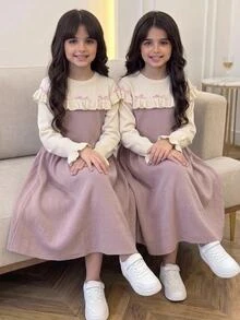 兒童青少年女孩秋冬毛衣洋裝，休閒優雅粉色拼接甜美3D蝴蝶結裝飾荷葉邊下擺收腰公主風喇叭長袖洋裝，粉色 - 藕粉色 - 查看 10