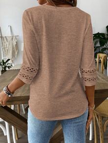 EMERY ROSE Women Solid Color Casual Elegant Crew Neck Hollow Out Sleeve Tee Graphic Tees Women Tops Office Mocha Brown Autumn - Camel - View 2