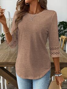 EMERY ROSE Women Solid Color Casual Elegant Crew Neck Hollow Out Sleeve Tee Graphic Tees Women Tops Office Mocha Brown Autumn - Camel - View 3