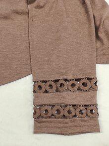 EMERY ROSE Women Solid Color Casual Elegant Crew Neck Hollow Out Sleeve Tee Graphic Tees Women Tops Office Mocha Brown Autumn - Camel - View 7