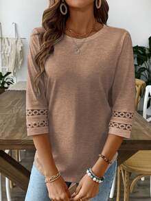 EMERY ROSE Women Solid Color Casual Elegant Crew Neck Hollow Out Sleeve Tee Graphic Tees Women Tops Office Mocha Brown Autumn - Camel - View 6