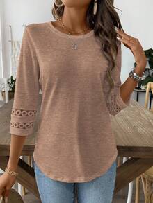EMERY ROSE Women Solid Color Casual Elegant Crew Neck Hollow Out Sleeve Tee Graphic Tees Women Tops Office Mocha Brown Autumn - Camel - View 5