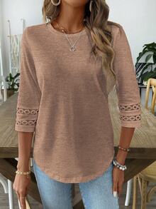 EMERY ROSE Women Solid Color Casual Elegant Crew Neck Hollow Out Sleeve Tee Graphic Tees Women Tops Office Mocha Brown Autumn - Camel - View 4