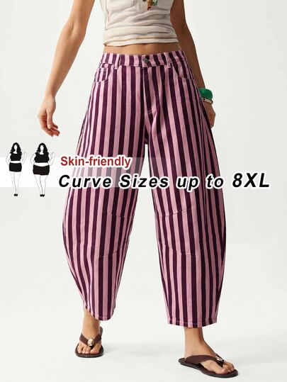 SHEIN CURVE+ Plus Size Women's Striped Casual Everyday Denim Jeans
