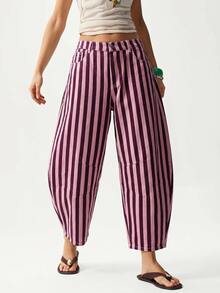 SHEIN CURVE+ Plus Size Women's Striped Casual Everyday Denim Jeans - Multicolor - View 9