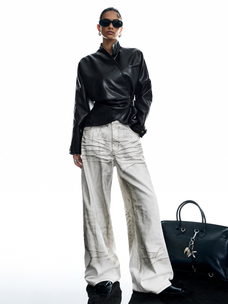 LYSMO Women's Autumn/Winter New Solid Color PU Leather Long Sleeve Pleated Fashion Jacket - Black - View 4