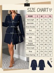 SHEIN Cottnline Women's Navy Blue Contrast Trim Belted Long Sleeve Robe Nightwear Lounge Autumn Casual - Navy Blue - View 4