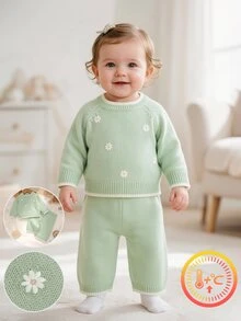 SHEIN Infant Pink Sweater Set Round Neck Long Sleeve Embroidered Top + Casual Straight Leg Pants 2pcs Fashion Minimalist Outfit Autumn Winter - Green - View 9