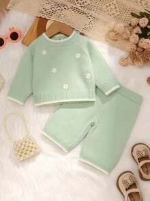 SHEIN Infant Pink Sweater Set Round Neck Long Sleeve Embroidered Top + Casual Straight Leg Pants 2pcs Fashion Minimalist Outfit Autumn Winter - Green - View 5
