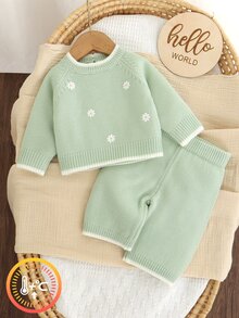 SHEIN Infant Pink Sweater Set Round Neck Long Sleeve Embroidered Top + Casual Straight Leg Pants 2pcs Fashion Minimalist Outfit Autumn Winter - Green - View 4