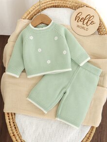 SHEIN Infant Pink Sweater Set Round Neck Long Sleeve Embroidered Top + Casual Straight Leg Pants 2pcs Fashion Minimalist Outfit Autumn Winter - Green - View 6