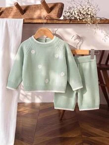 SHEIN Infant Pink Sweater Set Round Neck Long Sleeve Embroidered Top + Casual Straight Leg Pants 2pcs Fashion Minimalist Outfit Autumn Winter - Green - View 1