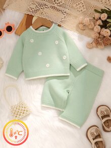 SHEIN Infant Pink Sweater Set Round Neck Long Sleeve Embroidered Top + Casual Straight Leg Pants 2pcs Fashion Minimalist Outfit Autumn Winter - Green - View 8