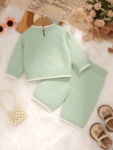 SHEIN Infant Pink Sweater Set Round Neck Long Sleeve Embroidered Top + Casual Straight Leg Pants 2pcs Fashion Minimalist Outfit Autumn Winter - Green - View 2