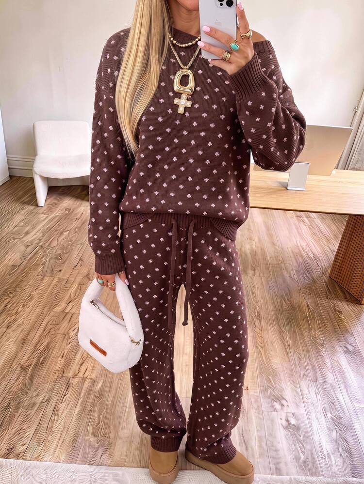CovetEZ Autumn New Women's White Polka Dot Brown Asymmetrical Shoulder Knit Set, Autumn/Winter Style, Suitable For Daily Commute, Dating, Gathering, Autumn/Winter, Summer, Party, Wedding, Beach, Graduation Ceremony And Other Occasions, Elegant Casual, Suitable For Outings, Y2K Style, Music Festival And More - Brown - View 4