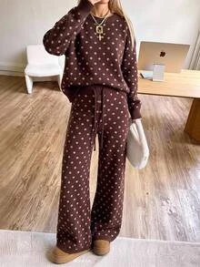 CovetEZ 秋季新款女式白色波點棕色不對稱肩針織套裝，秋冬風格，適合日常通勤、約會、聚會、秋冬、夏季、派對、婚禮、海灘、畢業典禮等場合，優雅休閒，適合外出，Y2K風格，音樂節等 - 棕色 - 查看 3