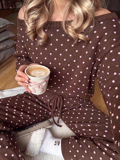 CovetEZ Autumn New Women's White Polka Dot Brown Asymmetrical Shoulder Knit Set, Autumn/Winter Style, Suitable For Daily Commute, Dating, Gathering, Autumn/Winter, Summer, Party, Wedding, Beach, Graduation Ceremony And Other Occasions, Elegant Casual, Suitable For Outings, Y2K Style, Music Festival And More