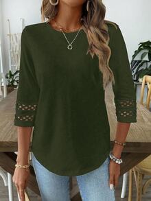 EMERY ROSE Women Solid Color Casual Crew Neck Hollow Out Sleeve Tee Graphic Tees Women Tops - Army Green - View 4