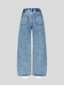 Tween Girls' Light Wash Wide Leg Denim Jeans, Strawberry Bow Print Distressed Design, Elastic Waist Asymmetrical Fly, Sweet Cute Street Wear Pants - Blue - View 2
