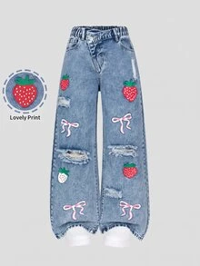Tween Girls' Light Wash Wide Leg Denim Jeans, Strawberry Bow Print Distressed Design, Elastic Waist Asymmetrical Fly, Sweet Cute Street Wear Pants - Blue - View 1