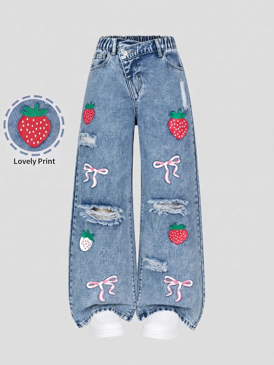 Tween Girls' Light Wash Wide Leg Denim Jeans, Strawberry Bow Print Distressed Design, Elastic Waist Asymmetrical Fly, Sweet Cute Street Wear Pants - Blue - View 1