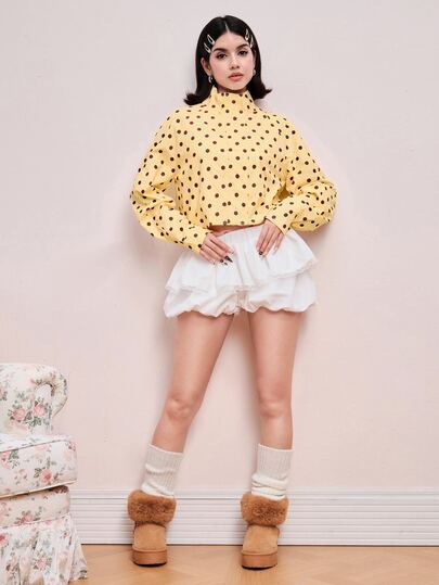Sweetness Vintage Girl Casual Yellow Brown Polka Dot Loose Short Regular Jacket For Women