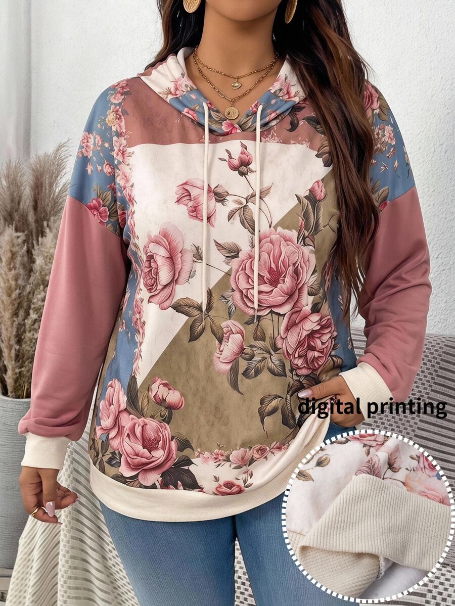 EMERY ROSE Women's Plus Size Floral Print Casual Romantic L'amoure Everyday Sweatshirt Coat Fall Clothes Outfit Printed Hooded Vacation Beach Prom Beige - Multicolor - View 1