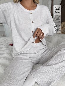 SHEIN Women Light Grey 2 Pcs Solid Textured Knit Sleepwear Set With Fake Button Front Long Sleeve Top And Straight Leg Pants Lounge Set Autumn Modest Casual - Grey - View 6
