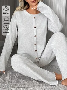 SHEIN Women Light Grey 2 Pcs Solid Textured Knit Sleepwear Set With Fake Button Front Long Sleeve Top And Straight Leg Pants Lounge Set Autumn Modest Casual - Grey - View 7