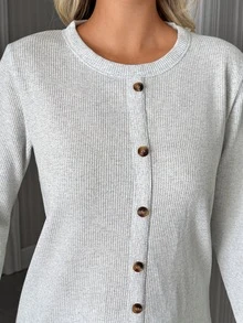SHEIN Women Light Grey 2 Pcs Solid Textured Knit Sleepwear Set With Fake Button Front Long Sleeve Top And Straight Leg Pants Lounge Set Autumn Modest Casual - Grey - View 4