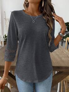 EMERY ROSE Women Solid Color Casual Crew Neck Hollow Out Sleeve Tee Graphic Tees Women Tops Everyday Charcoal Gray Autumn - Dark Grey - View 4