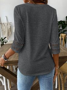 EMERY ROSE Women Solid Color Casual Crew Neck Hollow Out Sleeve Tee Graphic Tees Women Tops Everyday Charcoal Gray Autumn - Dark Grey - View 2