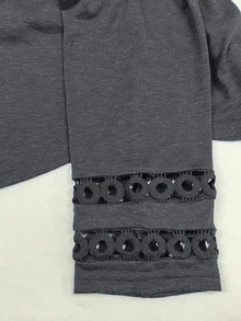EMERY ROSE Women Solid Color Casual Crew Neck Hollow Out Sleeve Tee Graphic Tees Women Tops Everyday Charcoal Gray Autumn - Dark Grey - View 7