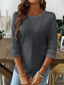 EMERY ROSE Women Solid Color Casual Crew Neck Hollow Out Sleeve Tee Graphic Tees Women Tops Everyday Charcoal Gray Autumn - Dark Grey - View 5