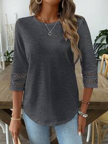 EMERY ROSE Women Solid Color Casual Crew Neck Hollow Out Sleeve Tee Graphic Tees Women Tops Everyday Charcoal Gray Autumn - Dark Grey - View 6