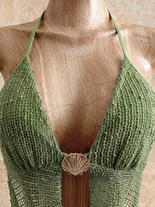 Mistrie 女士纯色露背吊带扭结垂褶修身连衣裙 - 綠色 - 查看 6