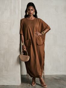 BamGlimmer European & American Vacation Style Batwing Sleeve Loose Long Dress Autumn/Winter Round Neck Pleated Drawstring Hem Ruffle Pocket Maxi Dress Suitable For Daily Wear, Vacation Travel, Commuting, Gatherings - Brown - View 6