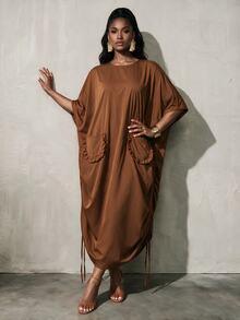 BamGlimmer European & American Vacation Style Batwing Sleeve Loose Long Dress Autumn/Winter Round Neck Pleated Drawstring Hem Ruffle Pocket Maxi Dress Suitable For Daily Wear, Vacation Travel, Commuting, Gatherings - Brown - View 5