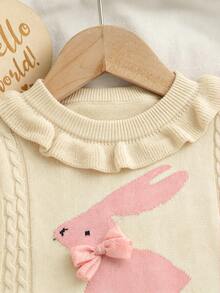 SHEIN Baby Girls Knit Outfit, Bow & Rabbit Lace Pullover Top + Knitted Pants Autumn Winter - White - View 6